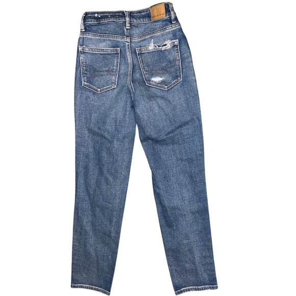 AE Stretch Mom Straight Jean Medium Distressed Wash Size 00 - Picture 5 of 9